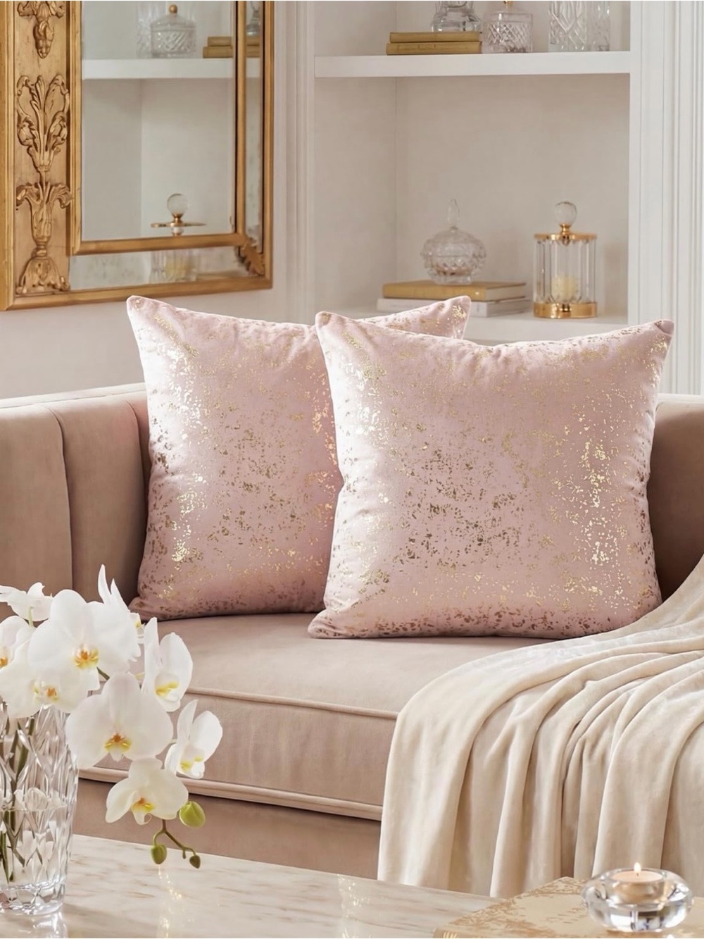 Blush Pink Velvet Pillow Pair with Gold Foil Detail